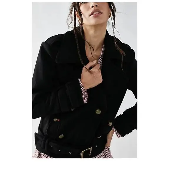 Free People Manteau Cecelia Peacoat Button Front Buckle Detail Black M $348 - Picture 4 of 16